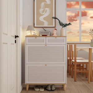English Elm Shoes Storage Cabinet Slim Flip Door Entryway Organizer with Natural Wood Legs 16 Pairs W3166P266365