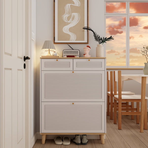 English Elm Shoes Storage Cabinet Slim Flip Door Entryway Organizer with Natural Wood Legs 16 Pairs W3166P266365