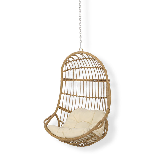 English Elm Christopher Knight Home® - BERKSHIRE Wicker Hanging Chair with 8ft Chain — Weather‑Resistant Faux Rattan Swing, 300 lb Capacity Brown+Beige 70843.00LBGE