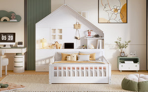 English Elm Full Size House Bed White Wood Frame with Drawers Shelves and Built in Usb Charging LT000423AAK-2