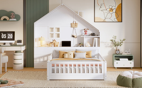 English Elm Full Size House Bed White Wood Frame with Drawers Shelves and Built in Usb Charging LT000423AAK-2