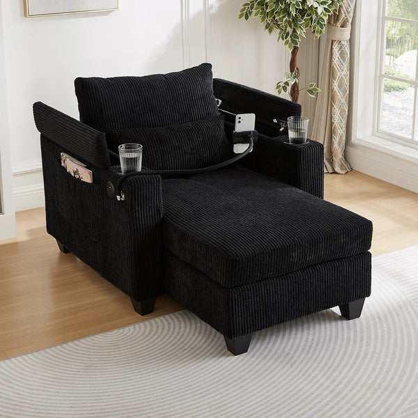 English Elm Convertible Chaise Lounge With Usb Ports, Cup Holders & Storage – Stylish Multi-Functional Sofa Chair N719S002021B