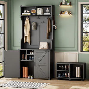 English Elm On-Trend 4-In-1 Farmhouse Hall Tree: Movable Bench, 7 Hooks, Shoe Storage & Rustic Style For Entryway N721P205788B-GIGA