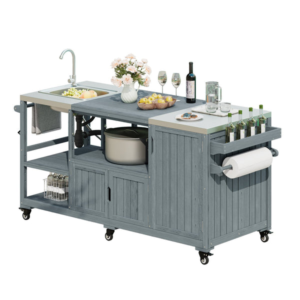 English Elm K&k Solid Fir Outdoor Kitchen Island with Sink Stainless Steel Top and Grill Cutout Grey+Blue N707S000022G