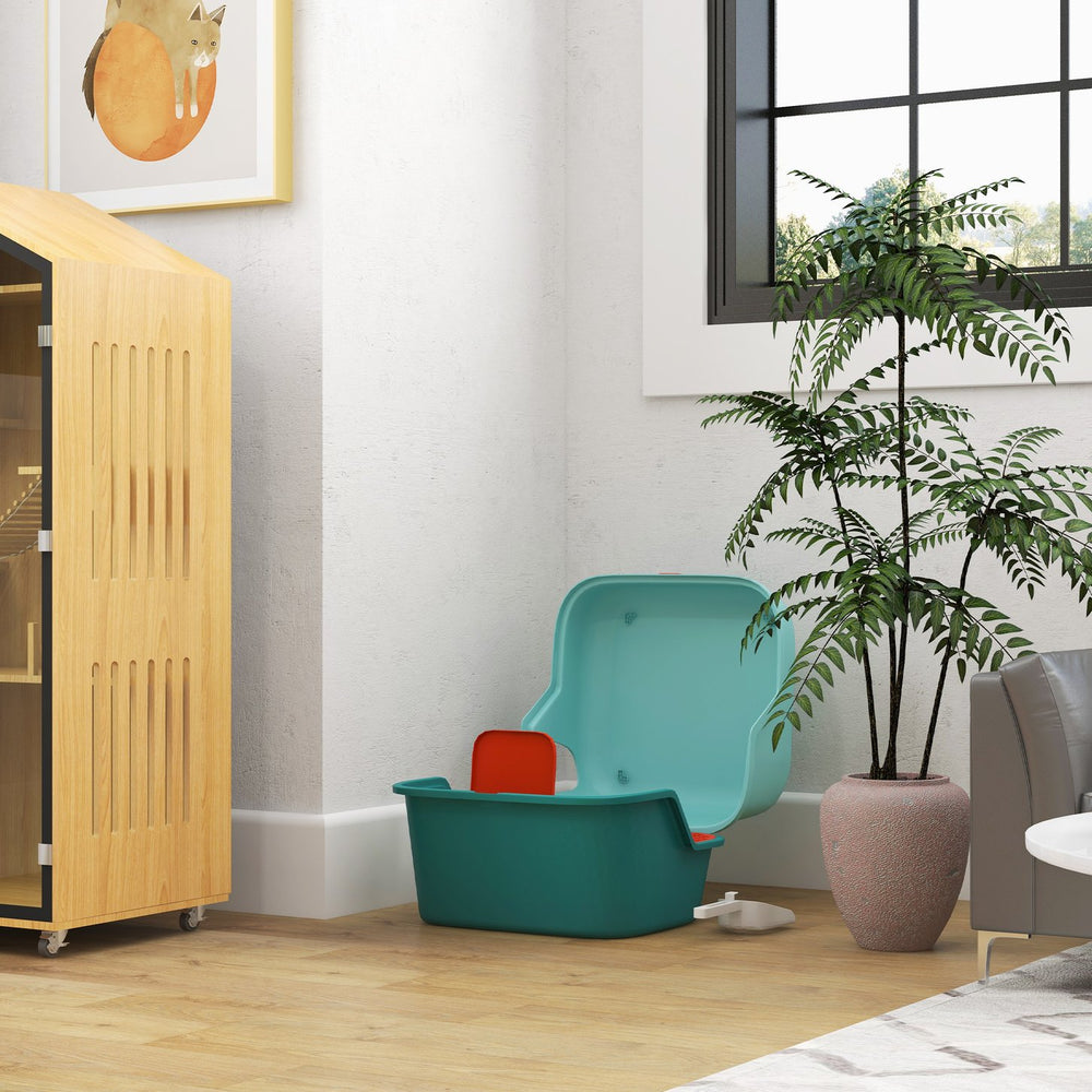 English Elm PawHut Semi-Enclosed Cat Litter Box with Lockable Flip Top, Scoop Included, Low-Track Design Green W2225P249721