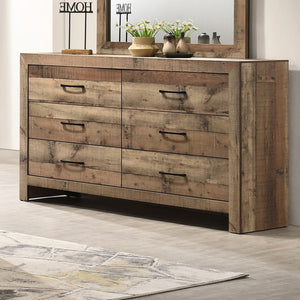 English Elm 1pc Six Drawer Reclaimed Plank Dresser Warm Brown Wood Grain Farmhouse Bedroom B2741P484438