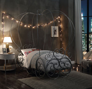 English Elm Priya Silver Finish Twin Bed with Canopy - Pumpkin Design Metal Frame, 9-Slat Support, Elegant Scroll Rails B2726S00217