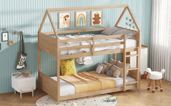 English Elm Twin House Floor Bunk Bed – Charming Rubberwood Design With Safety Guardrails, Ladder & White Oak Finish W504P227973-GIGA