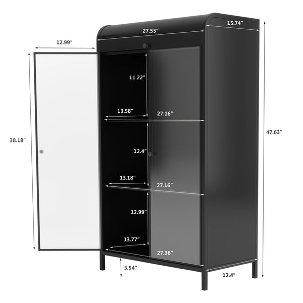 English Elm 47.6" Metal Storage Cabinet Antique Black with Tempered Glass Doors Flip-Top 4-Tier Display Buffet W3122P272697