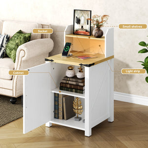 English Elm OKD Farmhouse Nightstand with Built-In Charging Station, Barn Door Accent, Adjustable Storage Shelf and Sturdy Frame White W1550P311284
