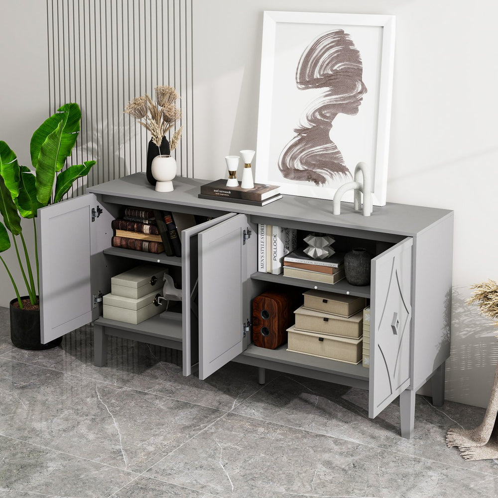 English Elm 4 Door Sideboard Buffet with Hand Carved Geometric Panels Black Oak Finish Raised Legs W688P359831