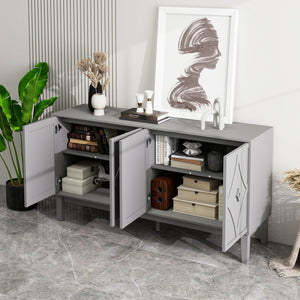 English Elm 4 Door Sideboard Buffet with Hand Carved Geometric Panels Black Oak Finish Raised Legs W688P359831