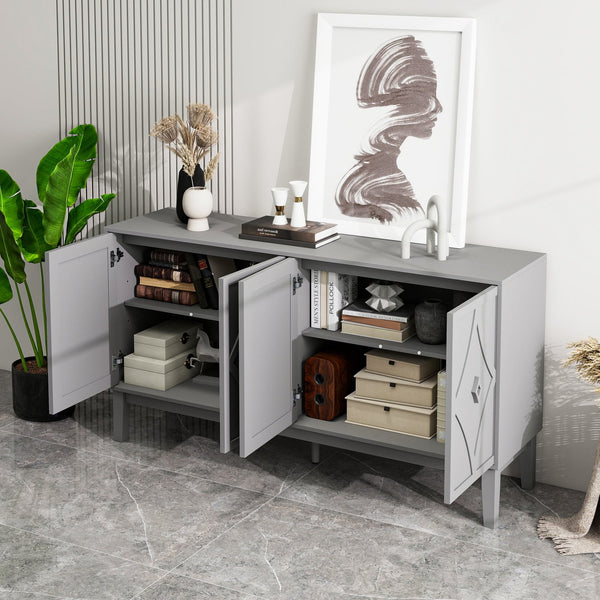 English Elm 4 Door Sideboard Buffet with Hand Carved Geometric Panels Black Oak Finish Raised Legs W688P359831