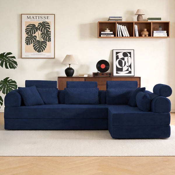 English Elm L Shaped Corduroy Sectional Sofa Converts to Sleeper Bed Space Saving Modular Couch Blue W5532S00008