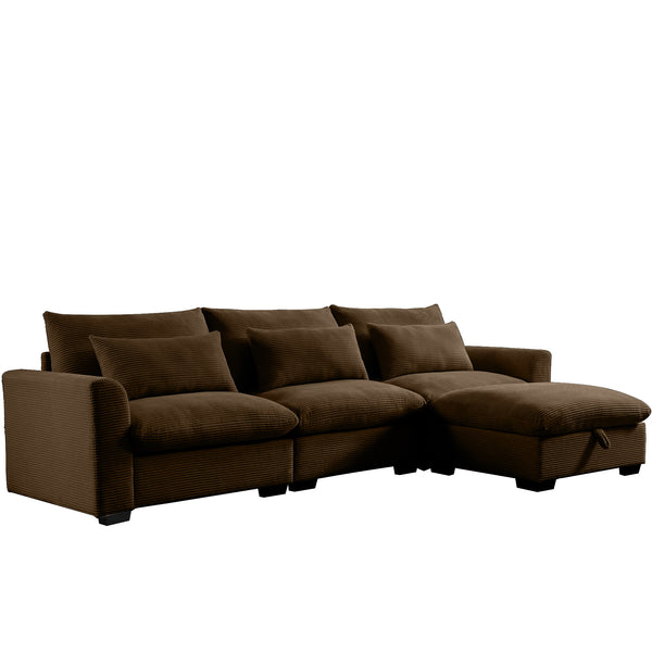 English Elm Corduroy Sectional Sofa - Versatile L-Shaped Couch With Storage Footstool & Lumbar Pillows, Brown W714S00661