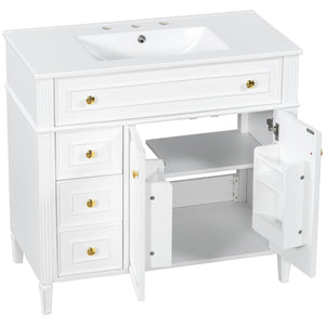 English Elm 36 Inch Freestanding Bathroom Vanity Sage Pine Cabinet Gold Hardware Ceramic Sink White N725P366468K