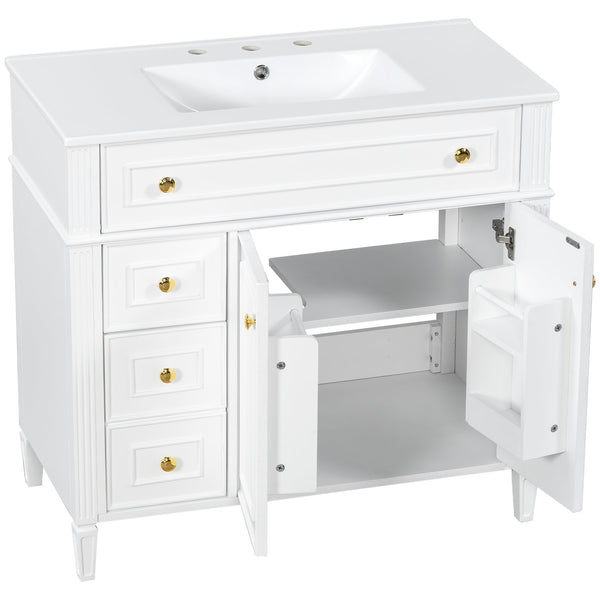 English Elm 36 Inch Freestanding Bathroom Vanity Sage Pine Cabinet Gold Hardware Ceramic Sink White N725P366468K