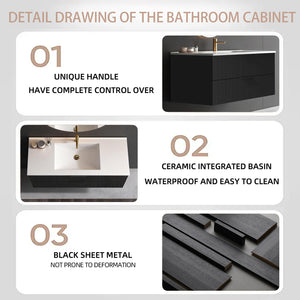 English Elm 48 Inch Floating Bathroom Vanity Fluted Matte Black with Ceramic Sink and Soft Close Drawers W3520S00040