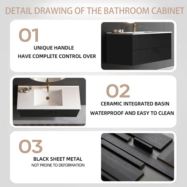 English Elm 48 Inch Floating Bathroom Vanity Fluted Matte Black with Ceramic Sink and Soft Close Drawers W3520S00040