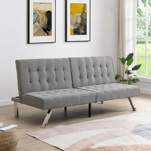 English Elm Wood Frame Futon Sofa Bed With Stainless Steel Legs - Grey Faux Linen, Space-Saving & Stylish Design W2297P247601-GIGA