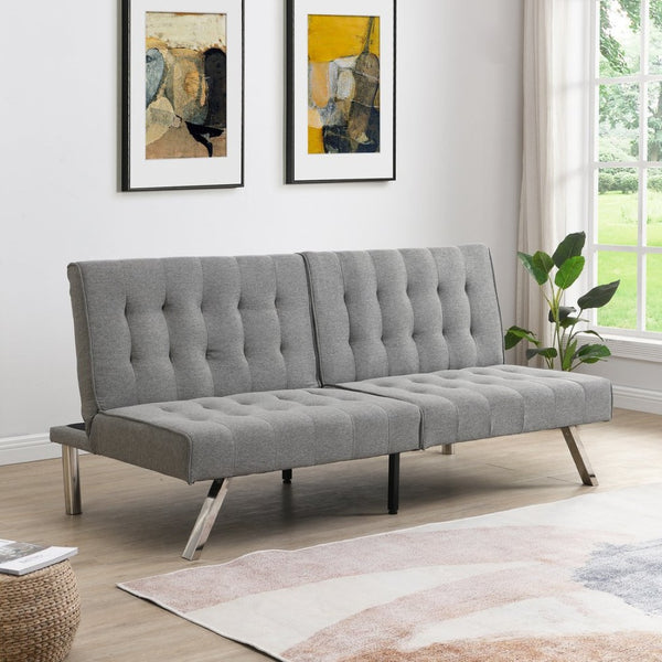 English Elm Wood Frame Futon Sofa Bed With Stainless Steel Legs - Grey Faux Linen, Space-Saving & Stylish Design W2297P247601-GIGA