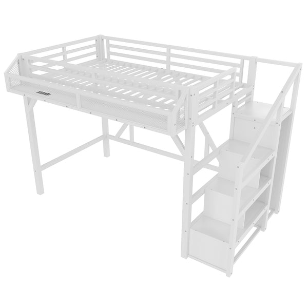 English Elm Full Xl Over Twin Triple Metal Bunk Bed with Storage Stairs and Shelves Black White W1580S00408