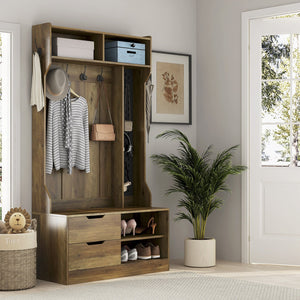 English Elm Hall Tree Entryway Organizer with 6 Hooks, Storage Bench & Open Shelves for Shoes and Coats Brown 58.46 L x 21.85 W x 6.5 H W1321P190219