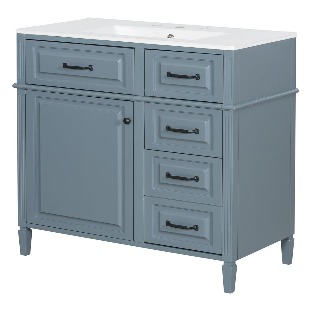 English Elm 36-Inch Modern Bathroom Vanity With Ceramic Sink Top, Storage Drawers, And Stylish Blue Gray Finish N725P350849E