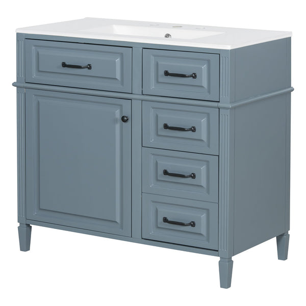 English Elm 36-Inch Modern Bathroom Vanity With Ceramic Sink Top, Storage Drawers, And Stylish Blue Gray Finish N725P350849E