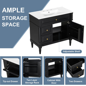 English Elm 36" Bathroom Vanity With Elegant Ceramic Sink, Adjustable Storage, And Sleek Black Finish For Modern Style N725P356064B