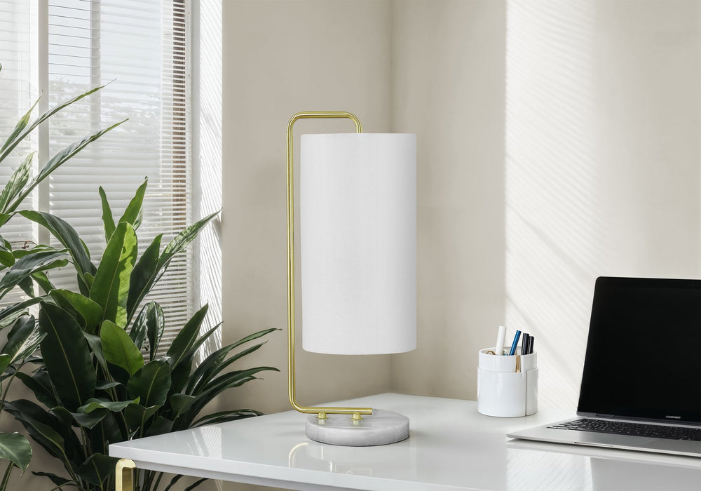 English Elm Lighting, White Marble Base Table Lamp Gold Arm Ivory Shade Contemporary Accent B2710P220099