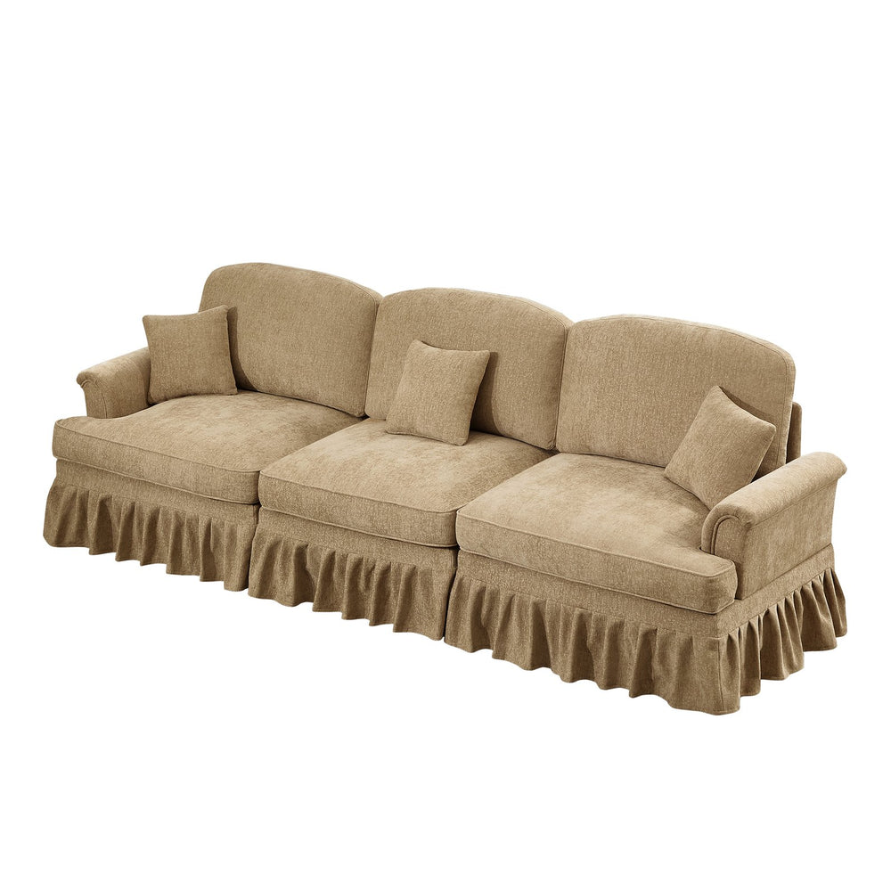 English Elm Elegant Mid Century 3-Seater Sofa With Flared Arms & Ruffled Skirts, Versatile Chenille Couch In Light Coffee W3041S00244
