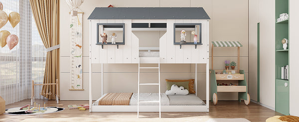 English Elm Twin Over Playhouse Bunk Bed Solid Pine Frame with Roof Windows Guardrail LT100045AAK-1