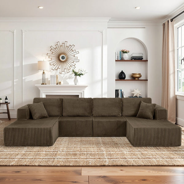 English Elm U-shaped Modular Corduroy Sectional Sofa Sleeper Spacious Living Room Lounge Couch Brown W487S00424