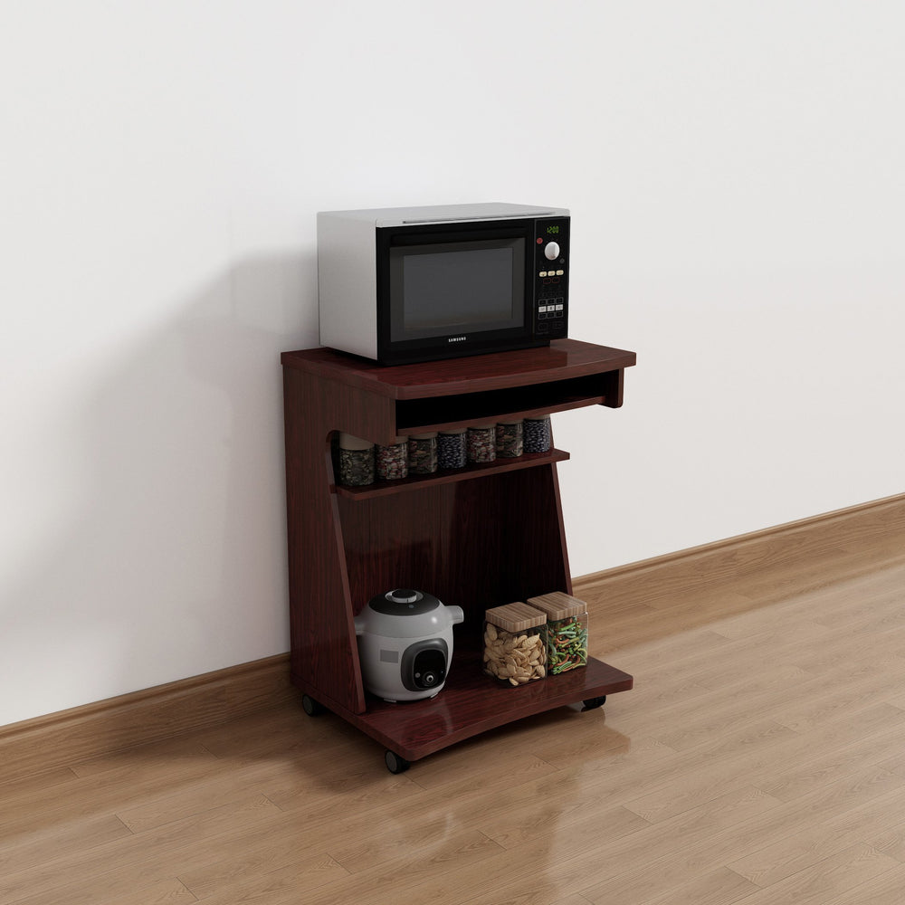 English Elm Utility Compact Mobile Cart with Gliding Shelf, Two Storage Shelves, Locking Casters, Rounded Corners Mahogany B107P269958