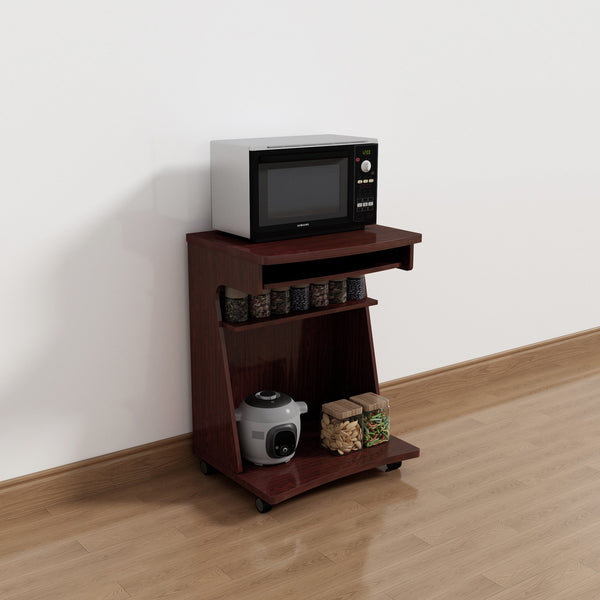 English Elm Utility Compact Mobile Cart with Gliding Shelf, Two Storage Shelves, Locking Casters, Rounded Corners Mahogany B107P269958