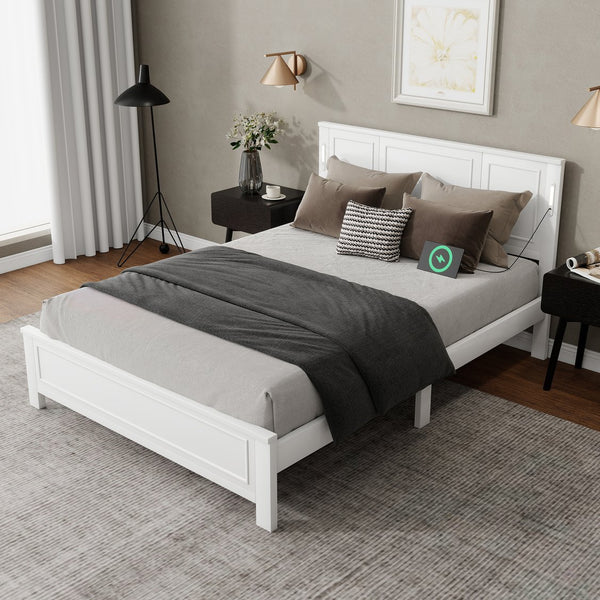 English Elm Queen Pinewood Platform Bed Farmhouse Tall Panel Headboard with Led Lighting and Usb Ports White W504P391091
