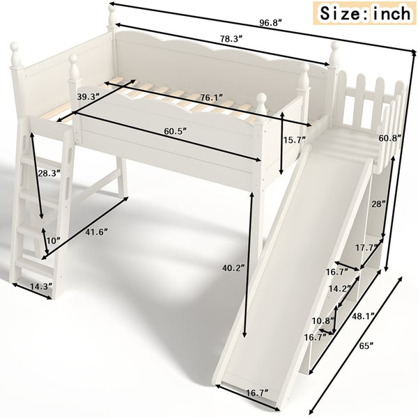 English Elm Twin Loft Bed Solid Pine Frame with Wardrobe Shelving Detachable Slide Kids Room Beige W5305S00018