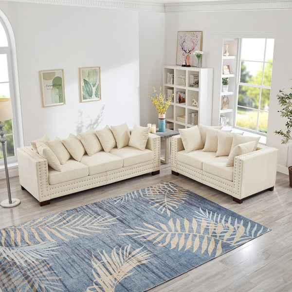 English Elm Modern Velvet Sofa Set 2+3 Seater With Square Armrests & Silver Nail Trim For Chic Living Spaces W1097S00189