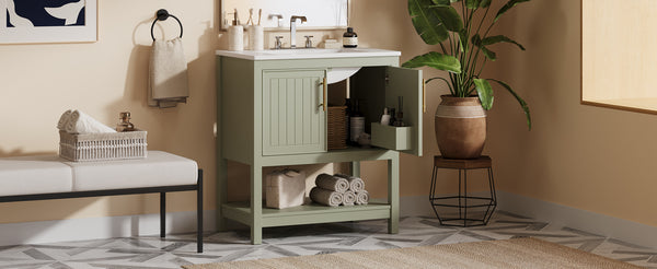 English Elm 30-Inch Green Bathroom Vanity With Ceramic Sink, Elegant Design, Smart Storage For Small Spaces WF325888AAF