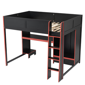 English Elm Wood Full Size Gaming Loft Bed With Desk, Wardrobe, Led Lighting, And Storage Drawer, Black Finish N7090004011B-GIGA