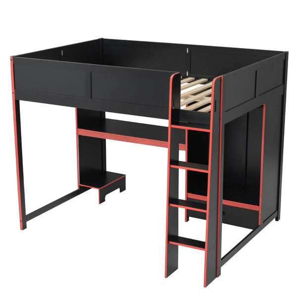 English Elm Wood Full Size Gaming Loft Bed With Desk, Wardrobe, Led Lighting, And Storage Drawer, Black Finish N7090004011B-GIGA