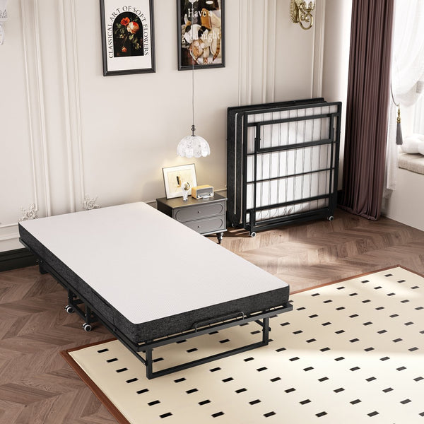 English Elm Portable Rollaway Guest Bed with Memory Foam Mattress Steel Frame and Storage Wheels T3210P471560