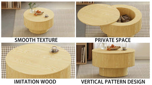 English Elm 29.53 Inch Round Mdf Coffee Table with Grooved Sides and Concealed Storage for Living Rooms W2189P320662