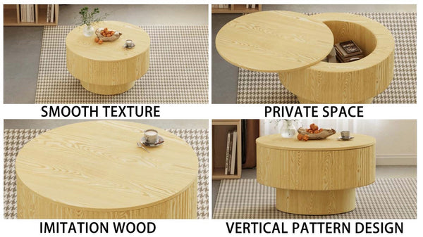 English Elm 29.53 Inch Round Mdf Coffee Table with Grooved Sides and Concealed Storage for Living Rooms W2189P320662