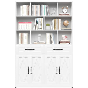 English Elm 71" Tall Metal Bookcase with Open Shelves Drawers and Cabinet Doors for Modern Office T2398S00002