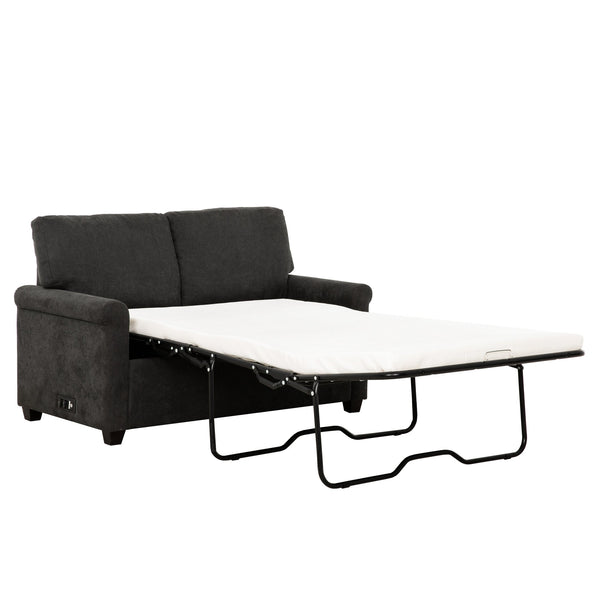 English Elm Convertible Twin Sleeper Sofa with USB Ports — Dark Gray 54" Compact 2-Seater Sofa Bed with Pocket Springs, Linen Upholstery & Side Outlet for Small Spaces B011P198404