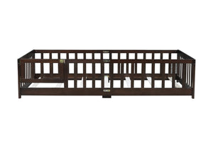 English Elm Twin Size Floor Bed With Safety Guardrails, Eco-Friendly Rubberwood Design, Espresso Finish, Durable W504P286375-GIGA
