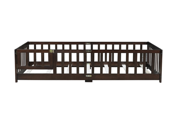 English Elm Twin Low Profile Rubberwood Floor Bed with Full Safety Fence for Toddler Rooms Espresso W504P429279