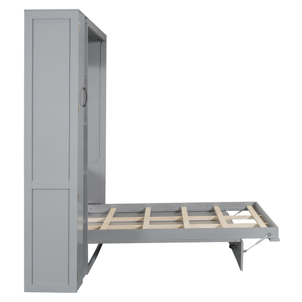 English Elm Full Size Murphy Bed with Open Shelving Wardrobe and Led Lighting for Studio Spaces Gray LP000898AAE